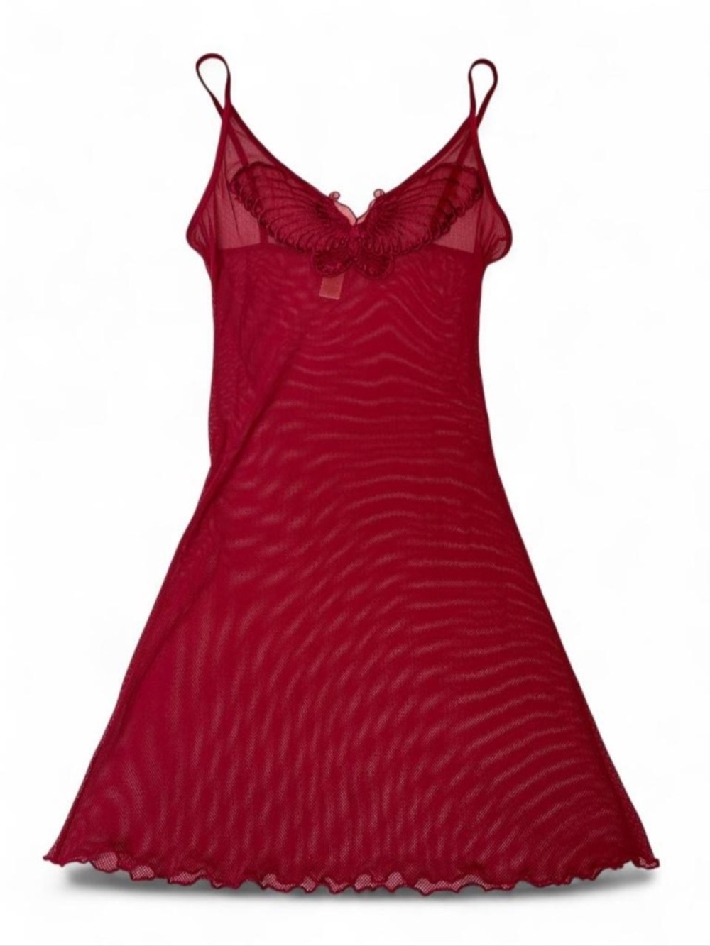 Wine red fishnet mesh slip dress with butterfly neckline and ruffle hem Size S